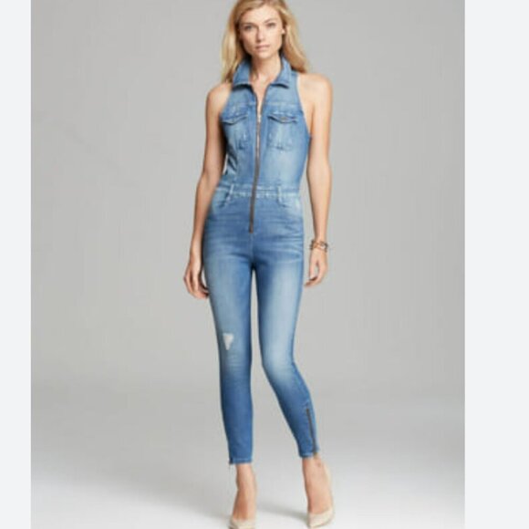 Guess Denim Jumpsuit Blue Front Zip Sleeveless Sexy Street Style Concerts Y2K - Picture 3 of 15